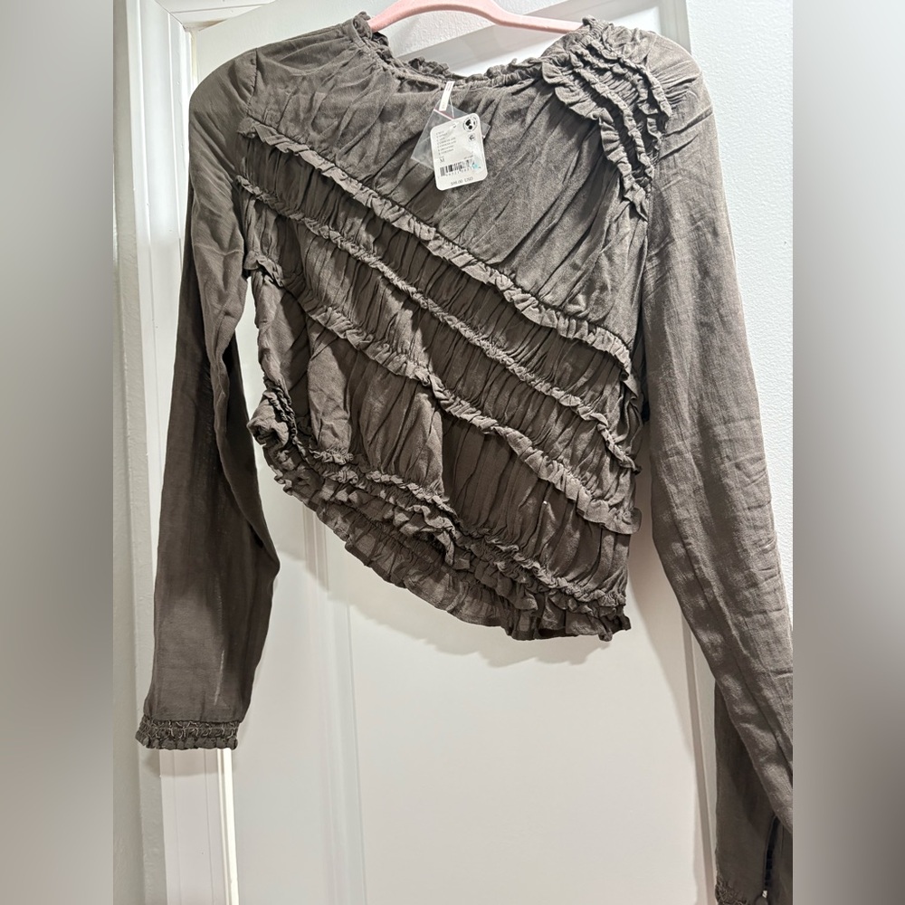 Free People Gray Ruffle-Trim Long Sleeve Top
